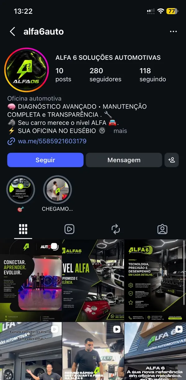 Perfil da Alfa 6 Soluções Automotivas no Instagram, @alfa6auto